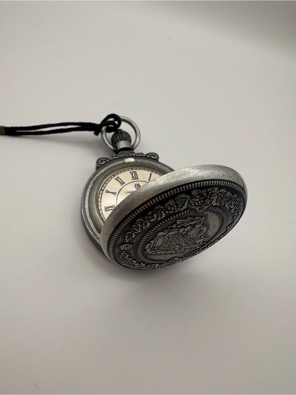 New in Box Charles-Hubert Paris Antiqued Chrome Finish Steam Engine Pocket Watch